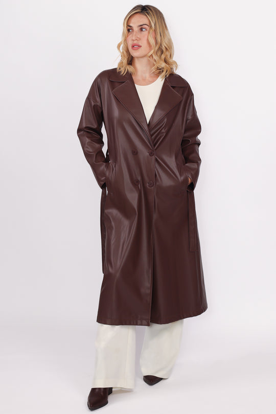 Manteau Long en Simili Cuir Marron