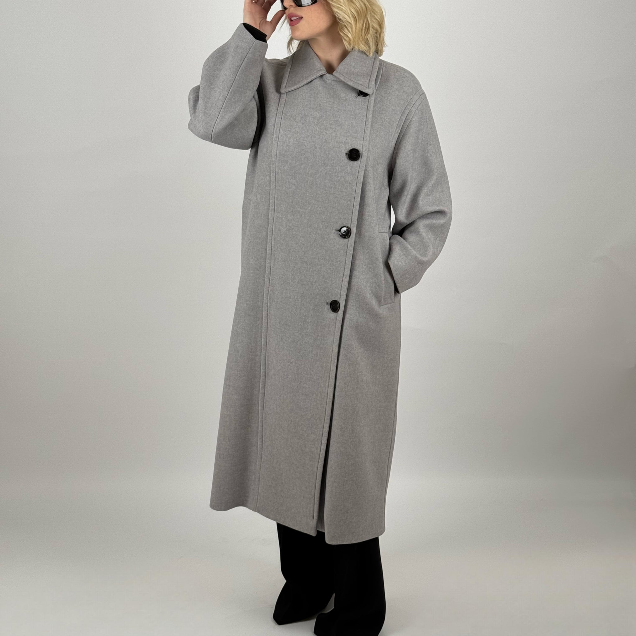 Manteau Long Épuré en Laine avec Double Boutonnage